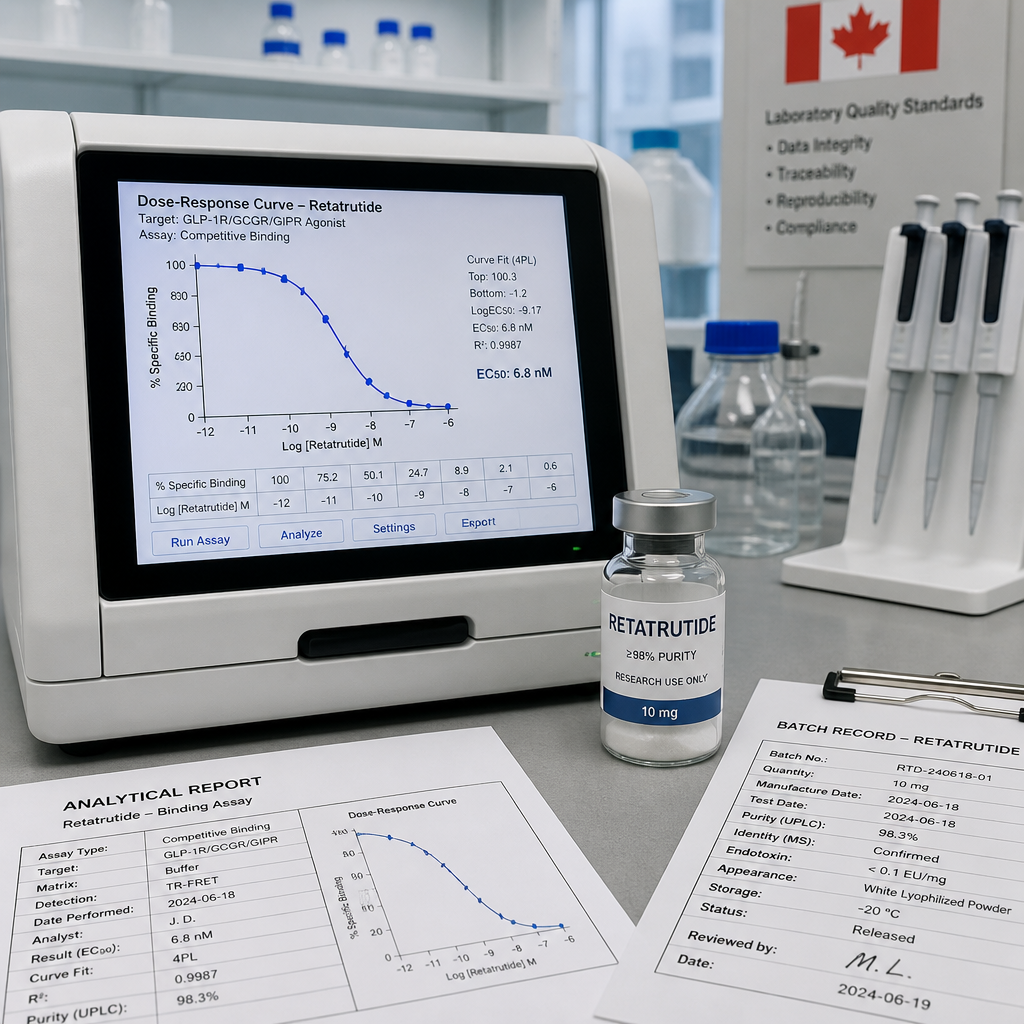 Analytical instrument displaying dose-response curve data alongside retatrutide research compound vial