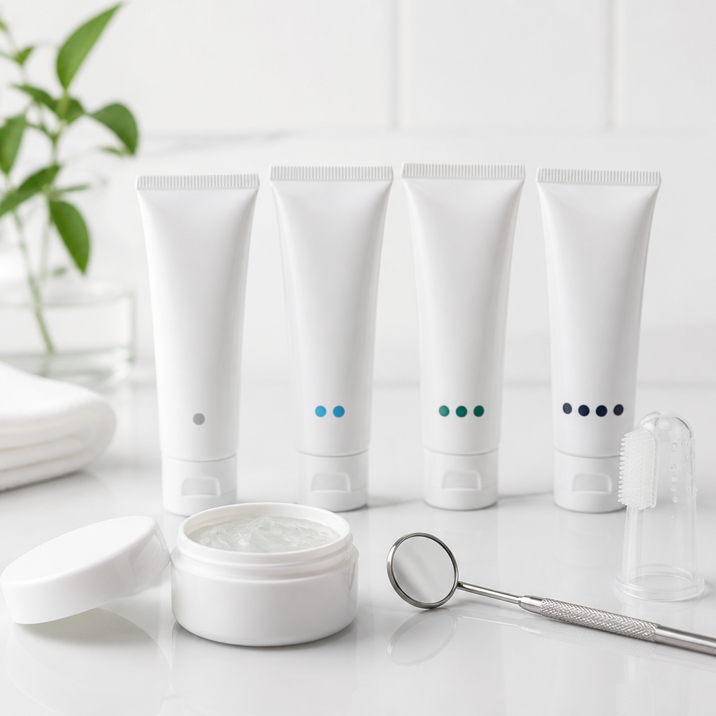 Unflavoured non-foaming toothpaste in different fluoride strengths displayed with silicone fingertip toothbrush and dental tools