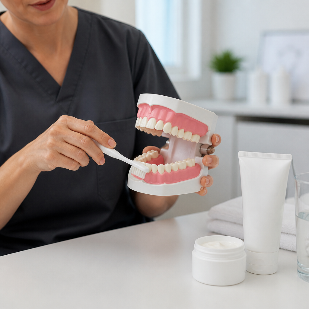 Healthcare professional demonstrating gentle oral care with silicone fingertip toothbrush on model with sensitive gums