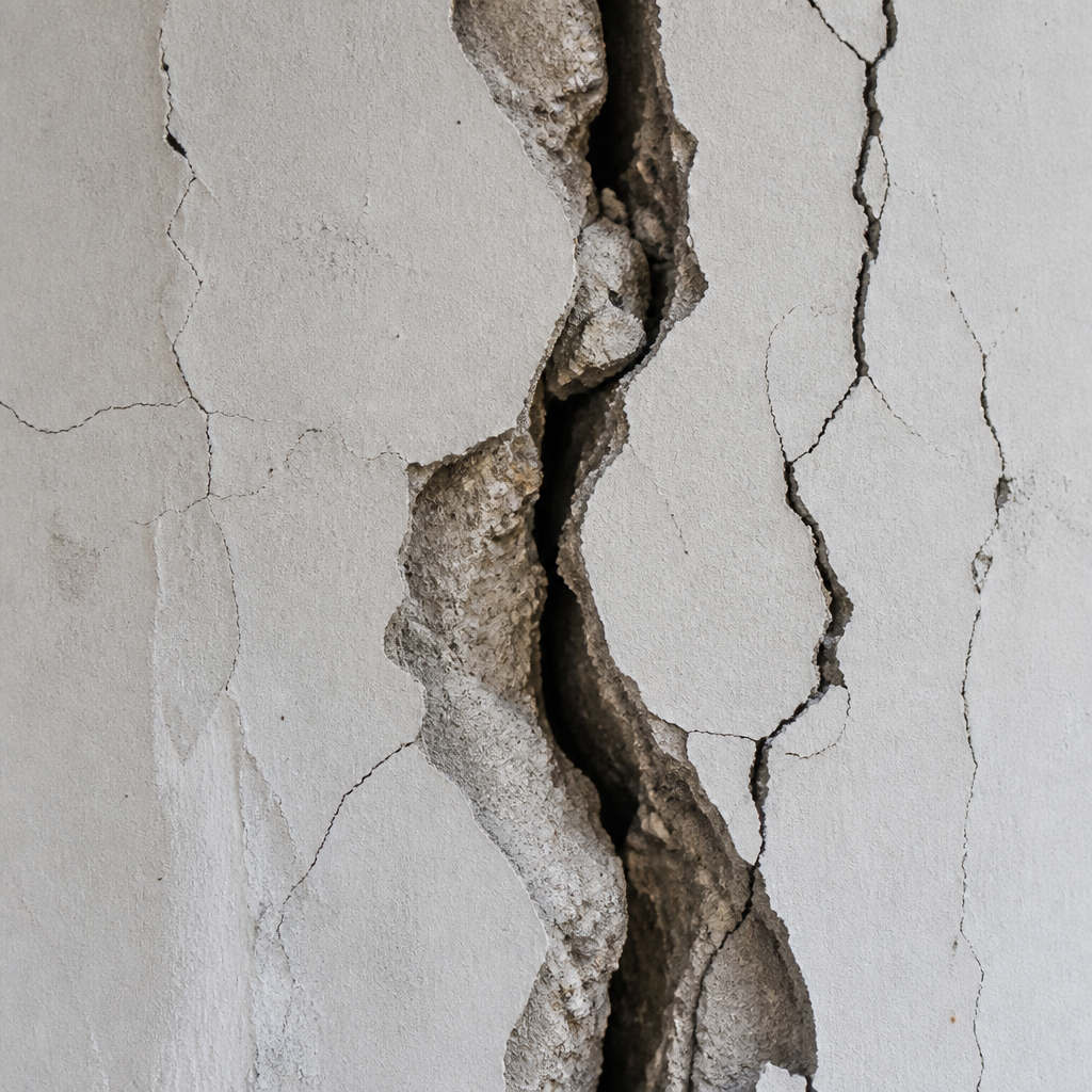Fissures structurelles dans une paroi en béton montrant les défauts de construction