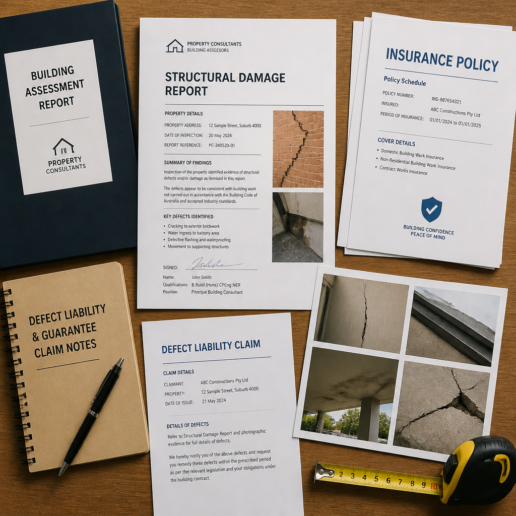 Documents d'expertise et dossier de sinistre décennal organisés sur un bureau professionnel