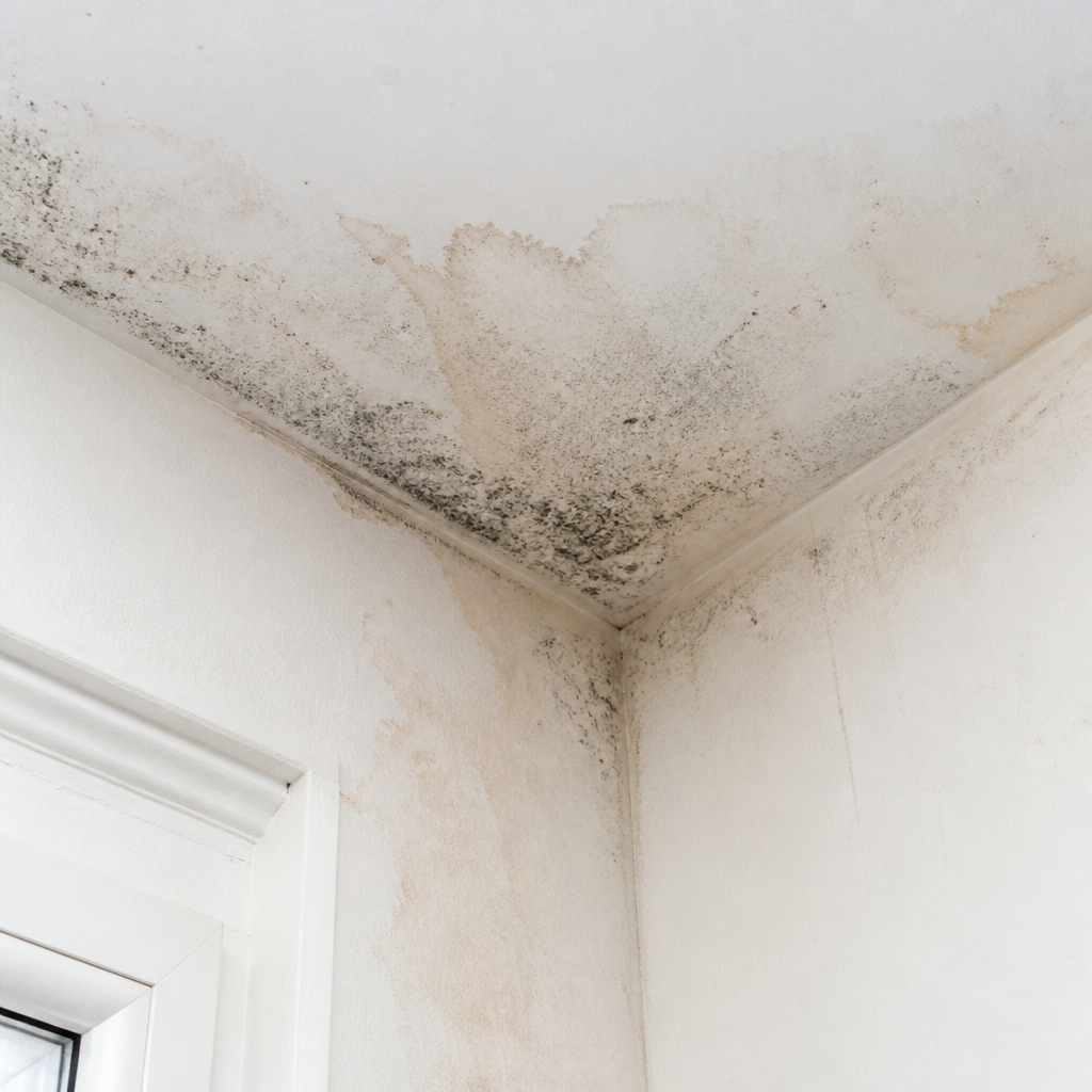 Infiltrations d'eau et dégâts d'humidité au plafond d'un bâtiment nécessitant une expertise
