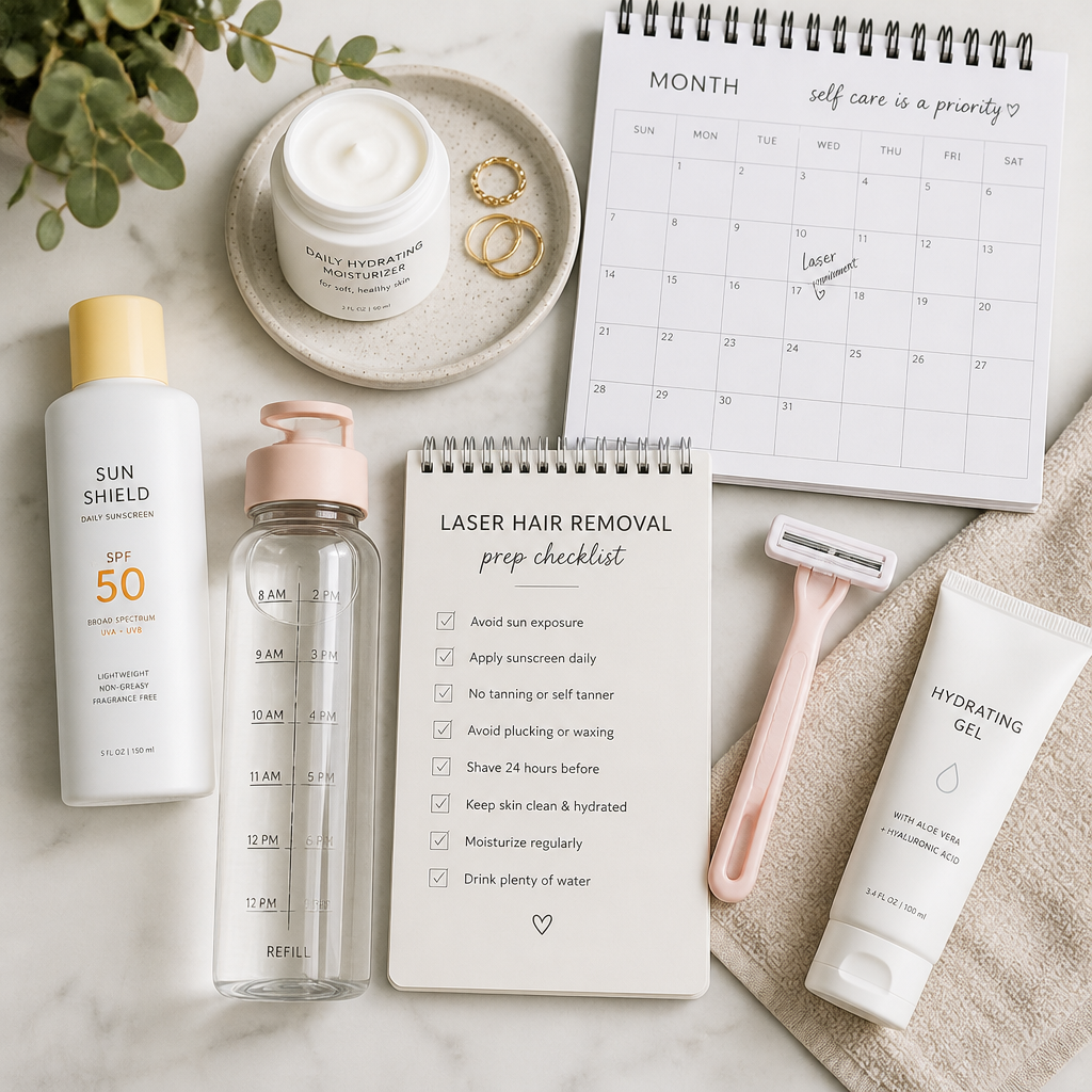 Flat-lay of laser hair removal preparation products and planning materials
