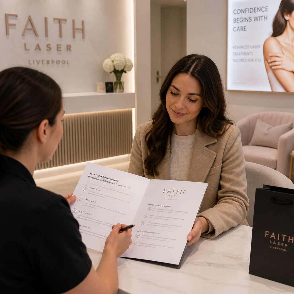 Client reviewing laser treatment preparation instructions in a welcoming clinic consultation area