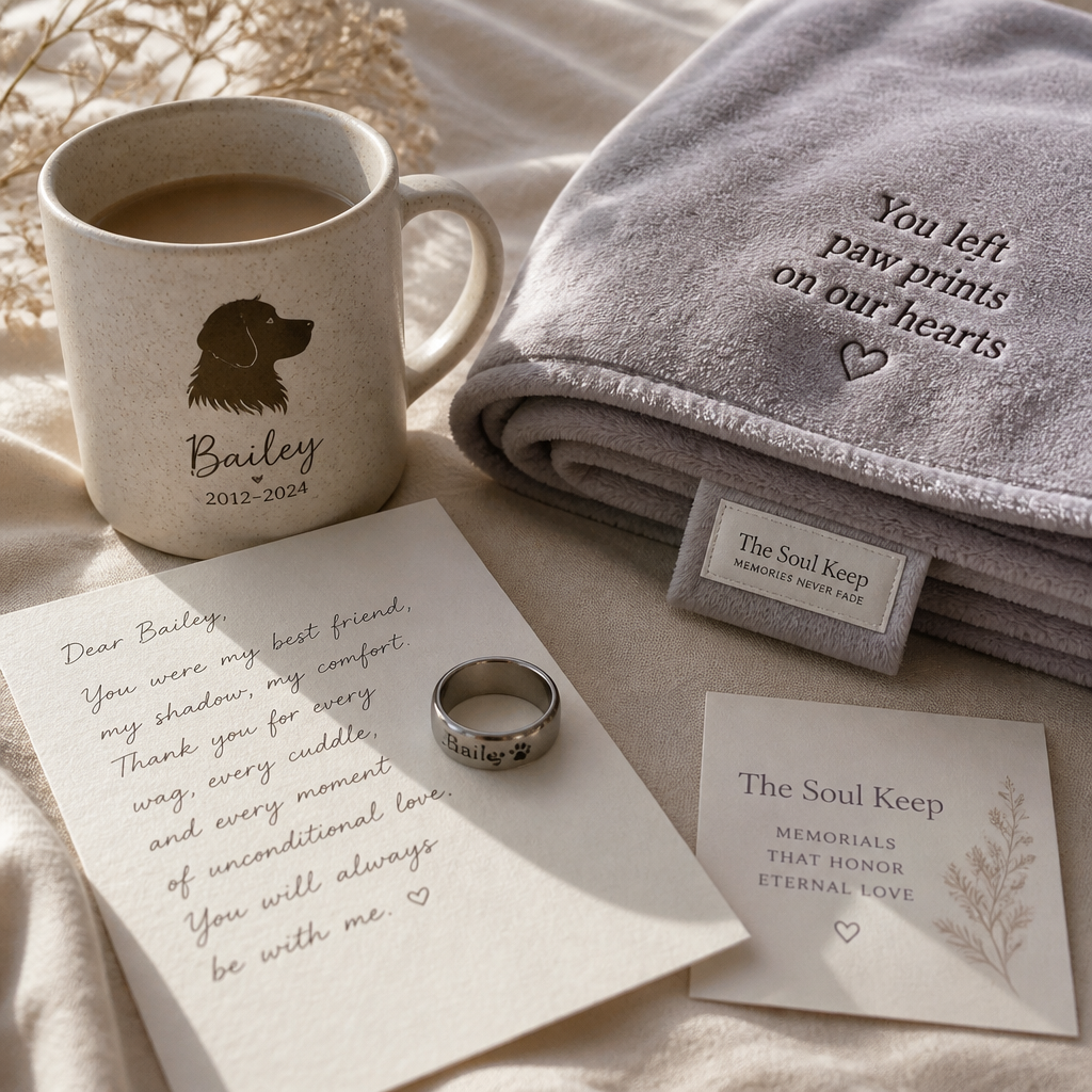Pet memorial products arranged in a flat lay: engraved ring, ceramic mug, and blanket on neutral background