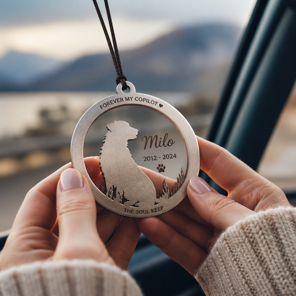 Hands holding a personalized pet memorial car ornament in soft light