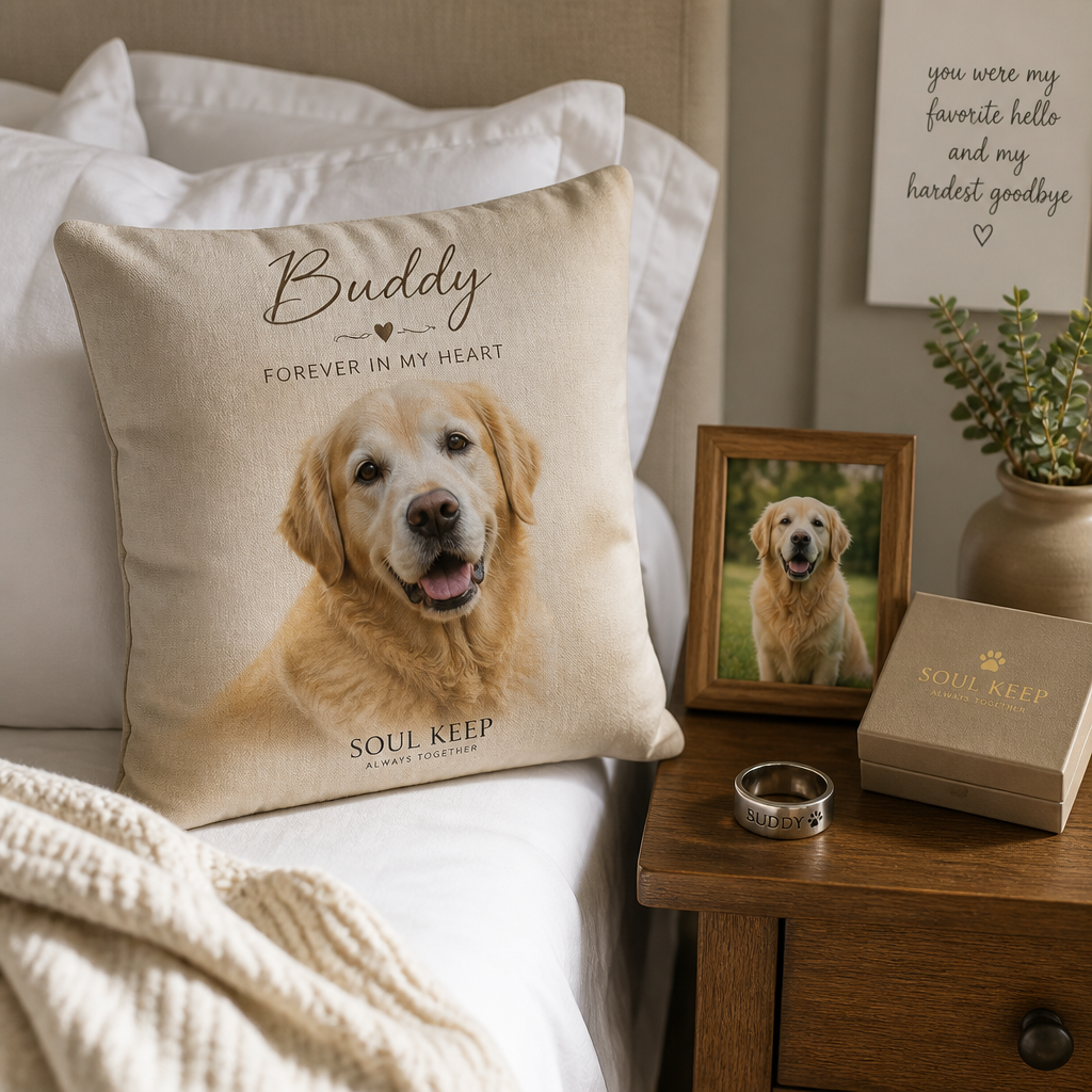 Memorial pillow and engraved ring on a nightstand creating a peaceful remembrance space