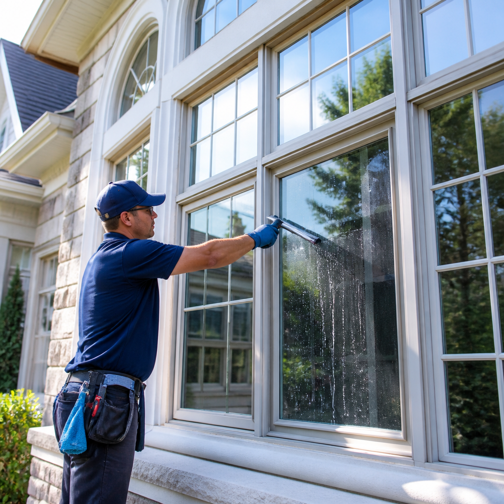 Window cleaner professionally cleaning the exterior windows of a Mississauga residential home