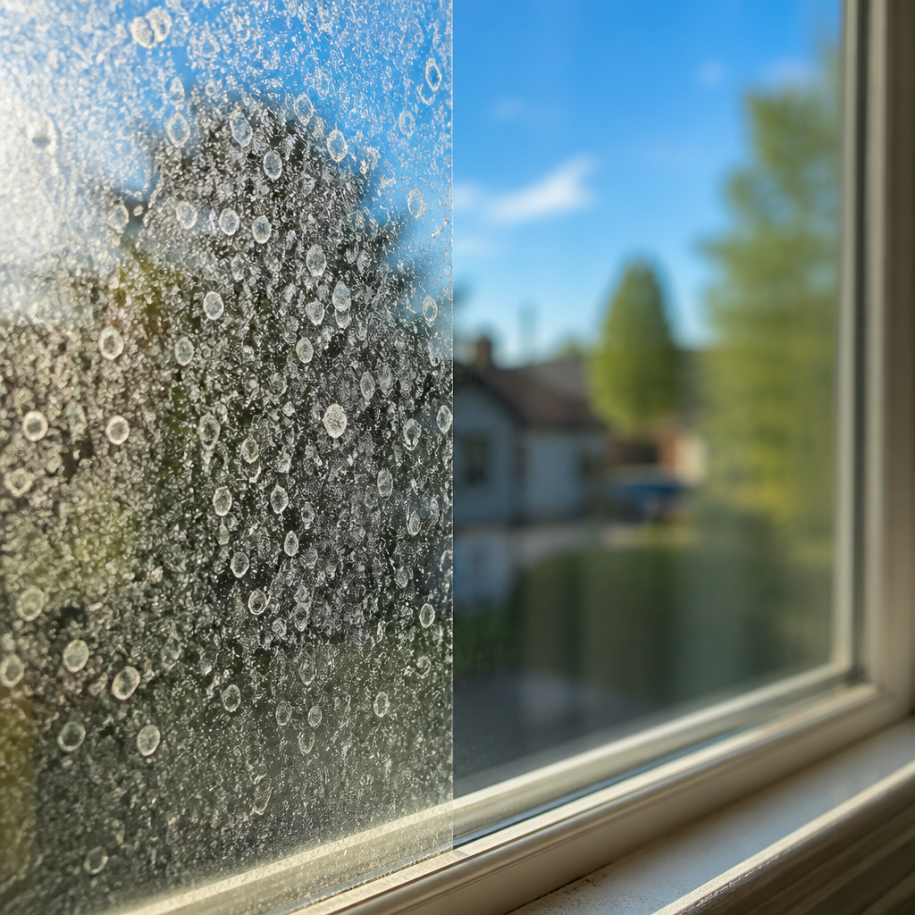 Close-up of hard water stains and mineral buildup on residential window glass