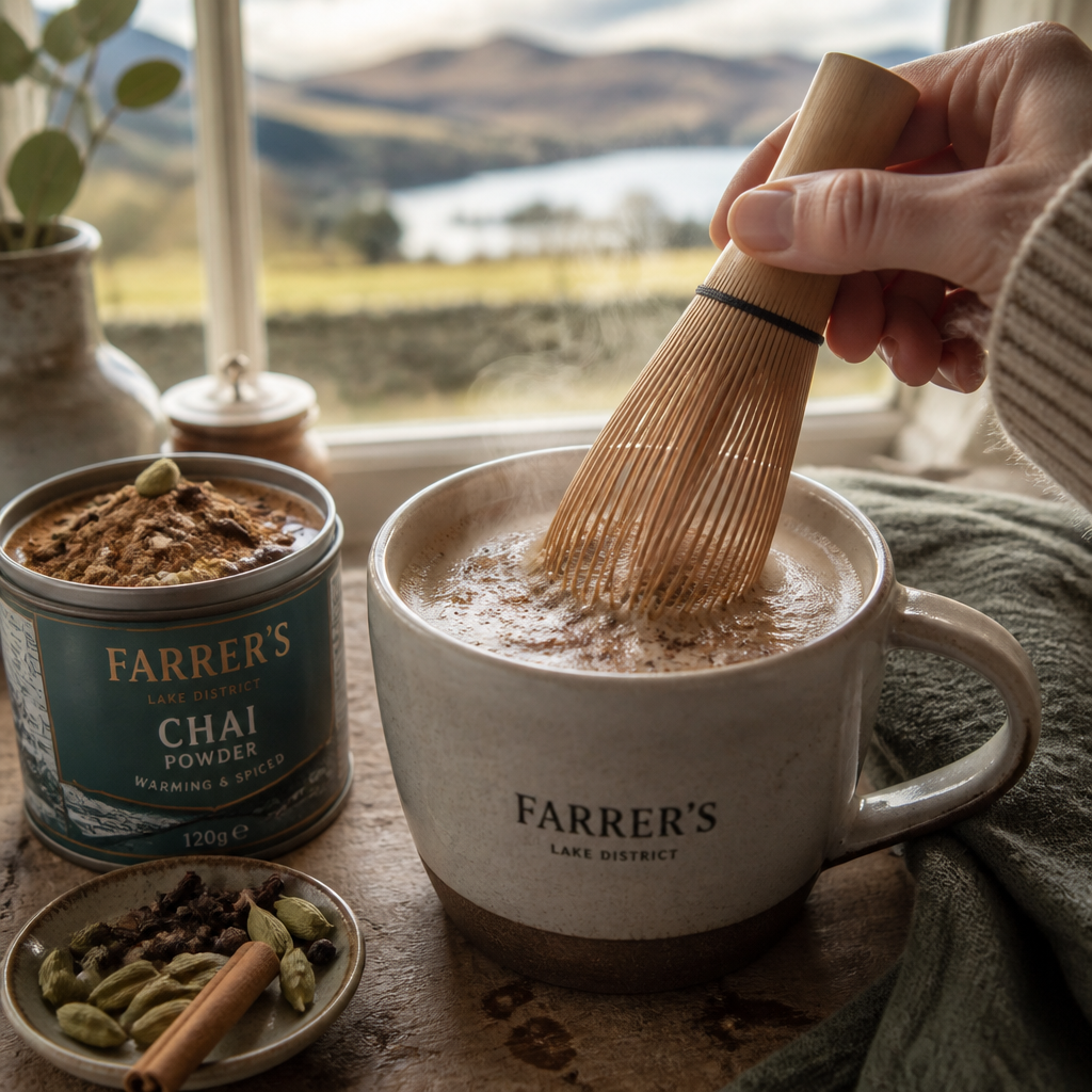 Chai powder being whisked into frothy milk in a ceramic mug with steam rising