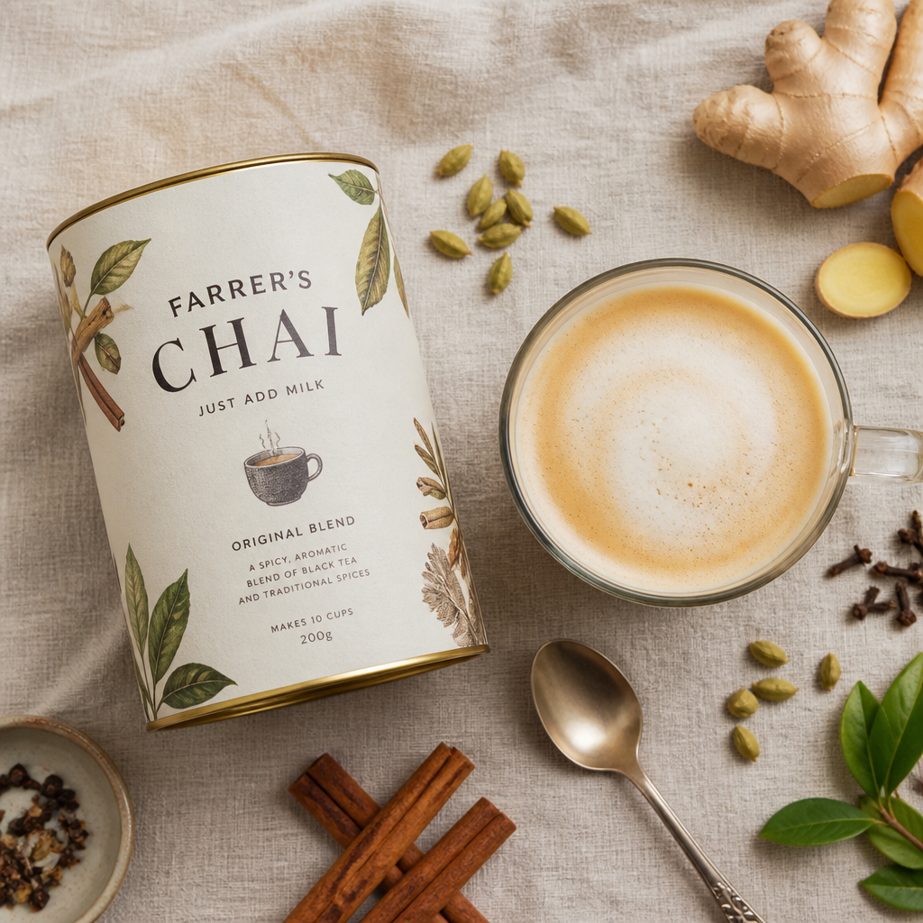 Farrer's chai powder package with finished chai latte and loose spices arranged flat lay