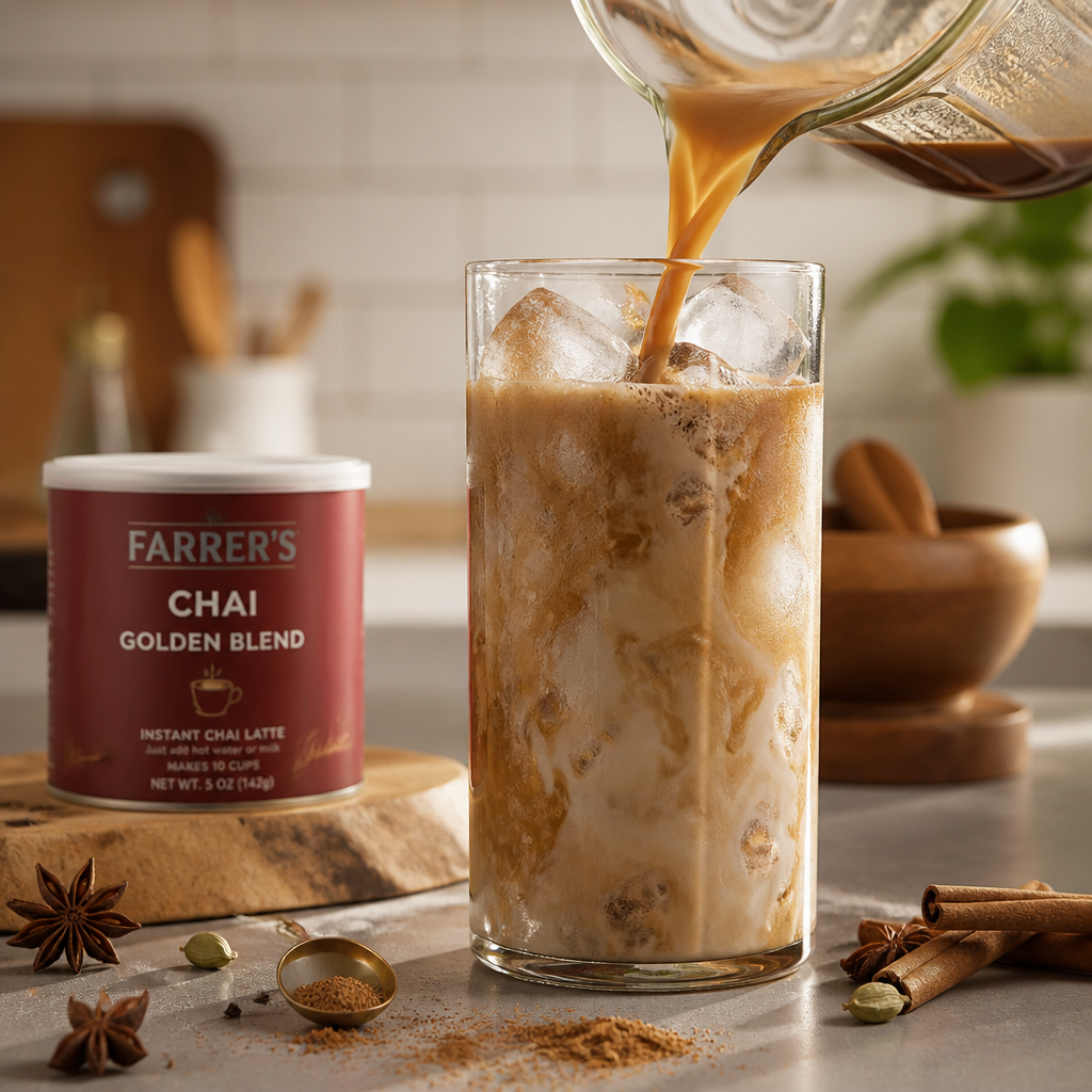 Iced chai latte being poured into a glass with ice, showing the chai powder dissolving into milk