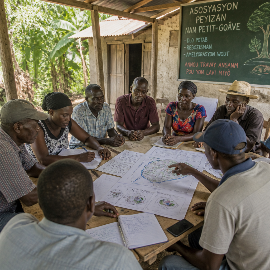 Haitian community leaders collaborating on sustainable development planning in Petit-Goâve