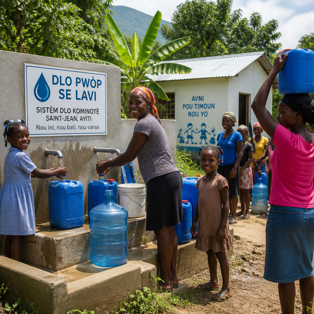 Haitian community members accessing clean water from newly built sustainable water infrastructure