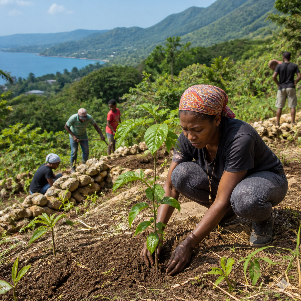 Haitian community members participating in reforestation and land restoration for environmental sustainability
