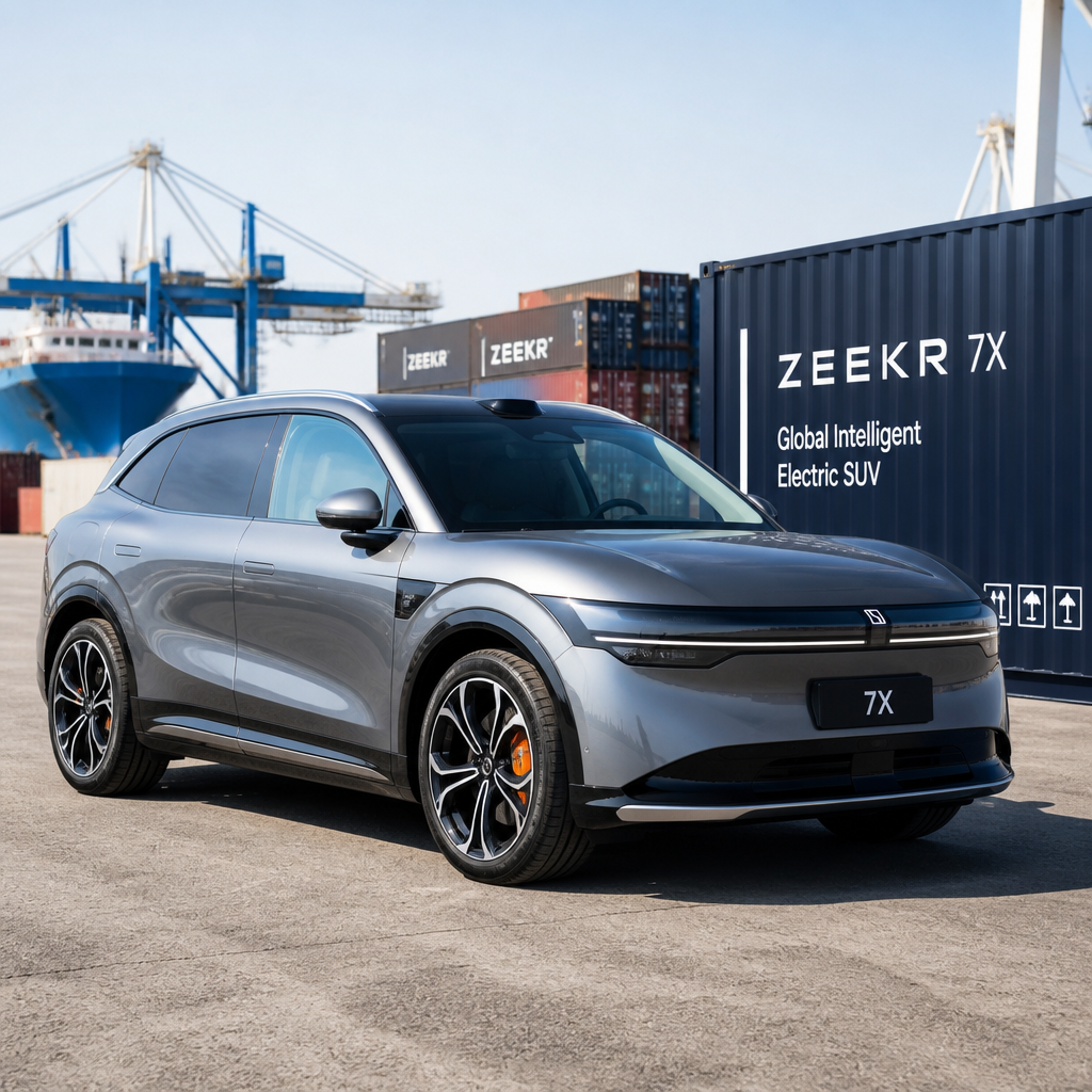 Zeekr 7X electric SUV at an international shipping port facility showcasing export logistics