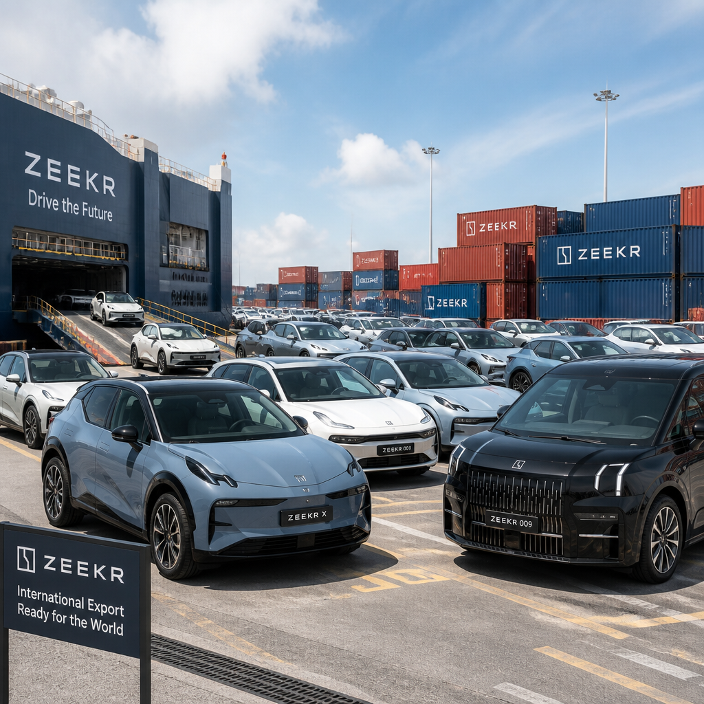 Fleet of Zeekr vehicles staged in export logistics yard demonstrating international distribution capacity