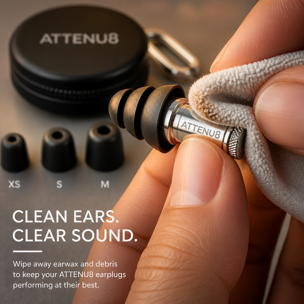 ATTENU8 metal reusable earplugs being cleaned with microfiber cloth, showing metal body and foam tips