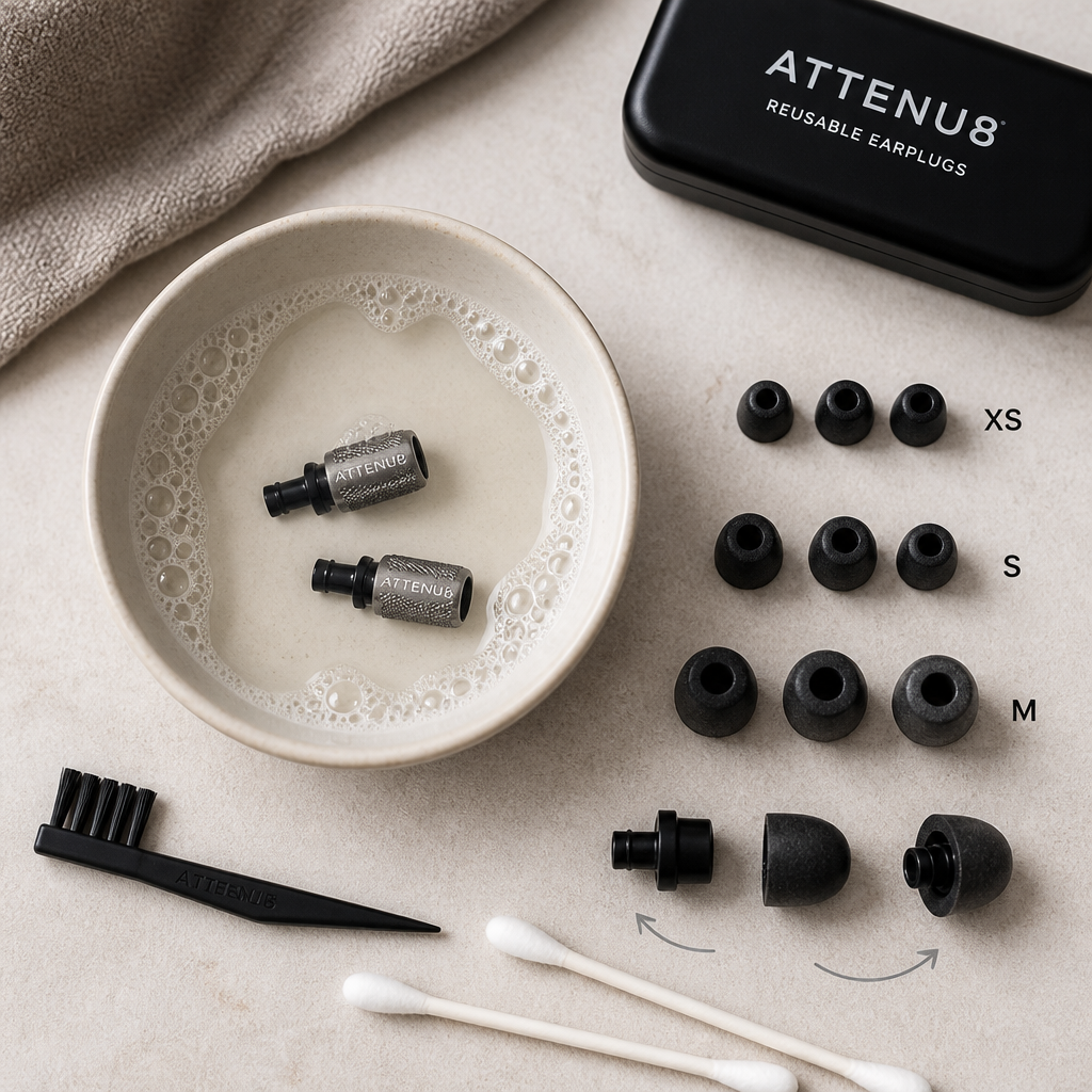 ATTENU8 earplugs maintenance setup showing metal body in cleaning solution and replacement foam tips arranged by size