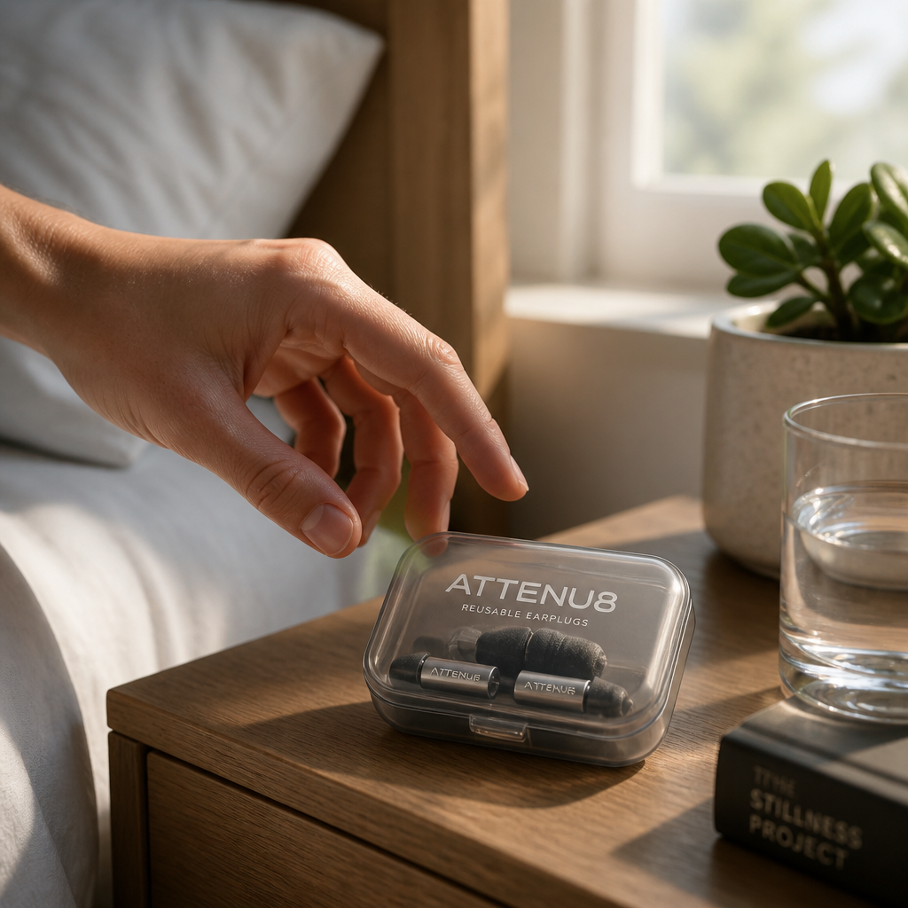 ATTENU8 earplugs in storage case on nightstand, representing proper maintenance and storage for nightly sleep use