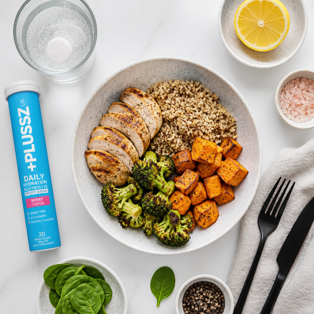 Balanced meal with grilled chicken, vegetables, and electrolyte supplement showing food-first nutrition approach