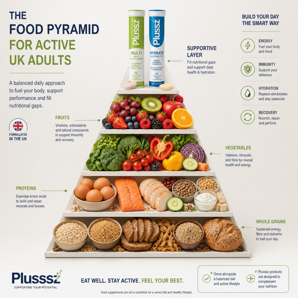 Nutritional hierarchy illustration with whole foods as foundation and supplement products showing complementary role