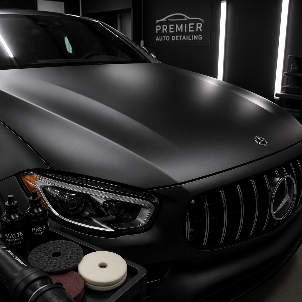 Matte black ceramic-coated luxury vehicle surface under professional studio lighting showing flat finish