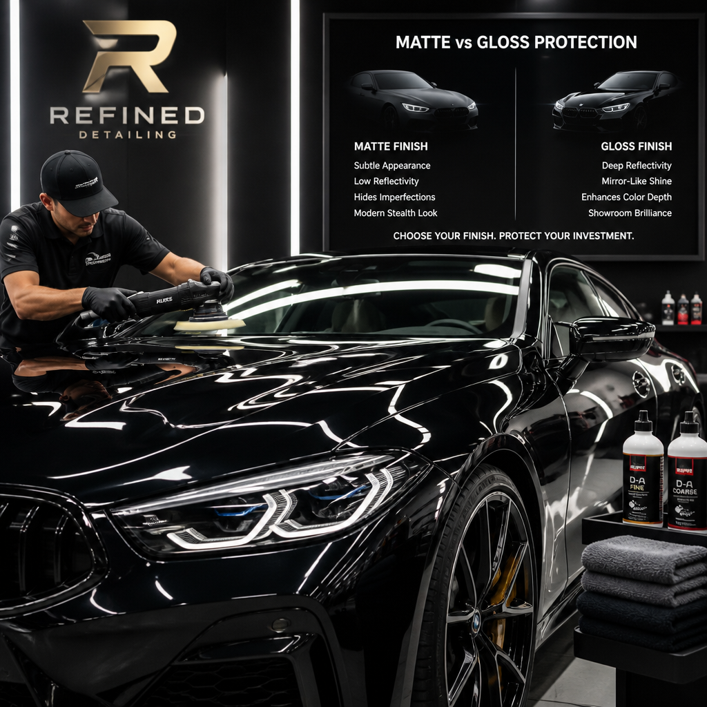 Luxury vehicle with glossy ceramic coating being polished with professional detailing equipment
