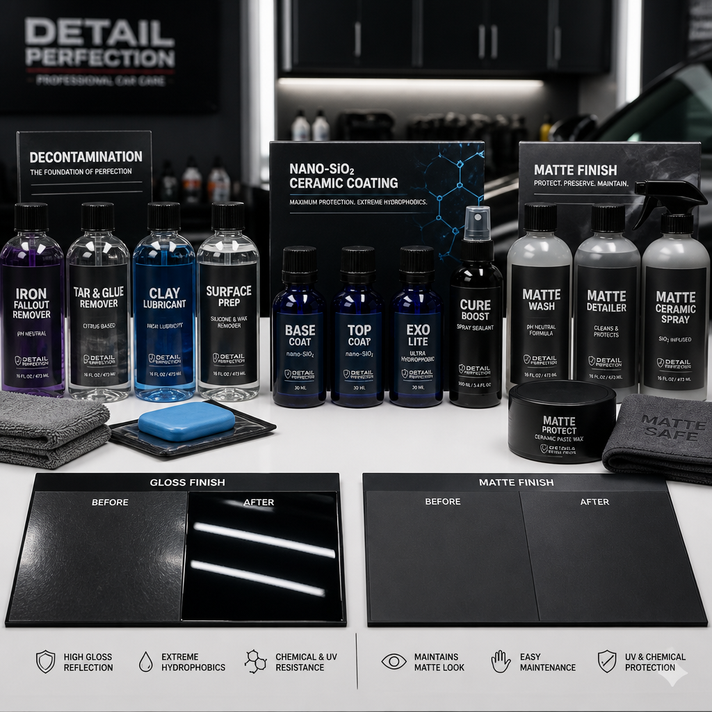 Professional ceramic coating and matte-finish protection products displayed with before-and-after finish comparison