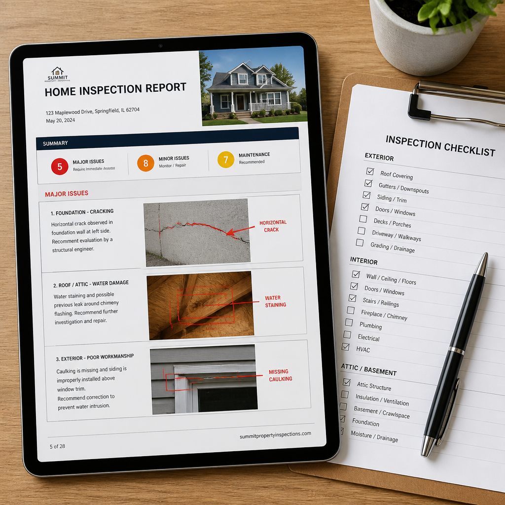 Home inspection defect report with annotated photographs displayed on tablet screen
