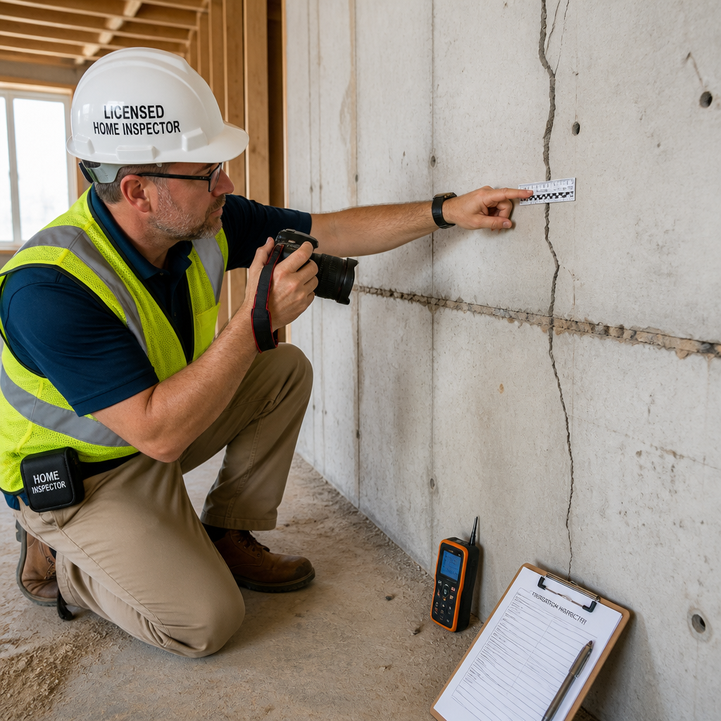 Professional home inspector documenting building defects with photography and measuring tools