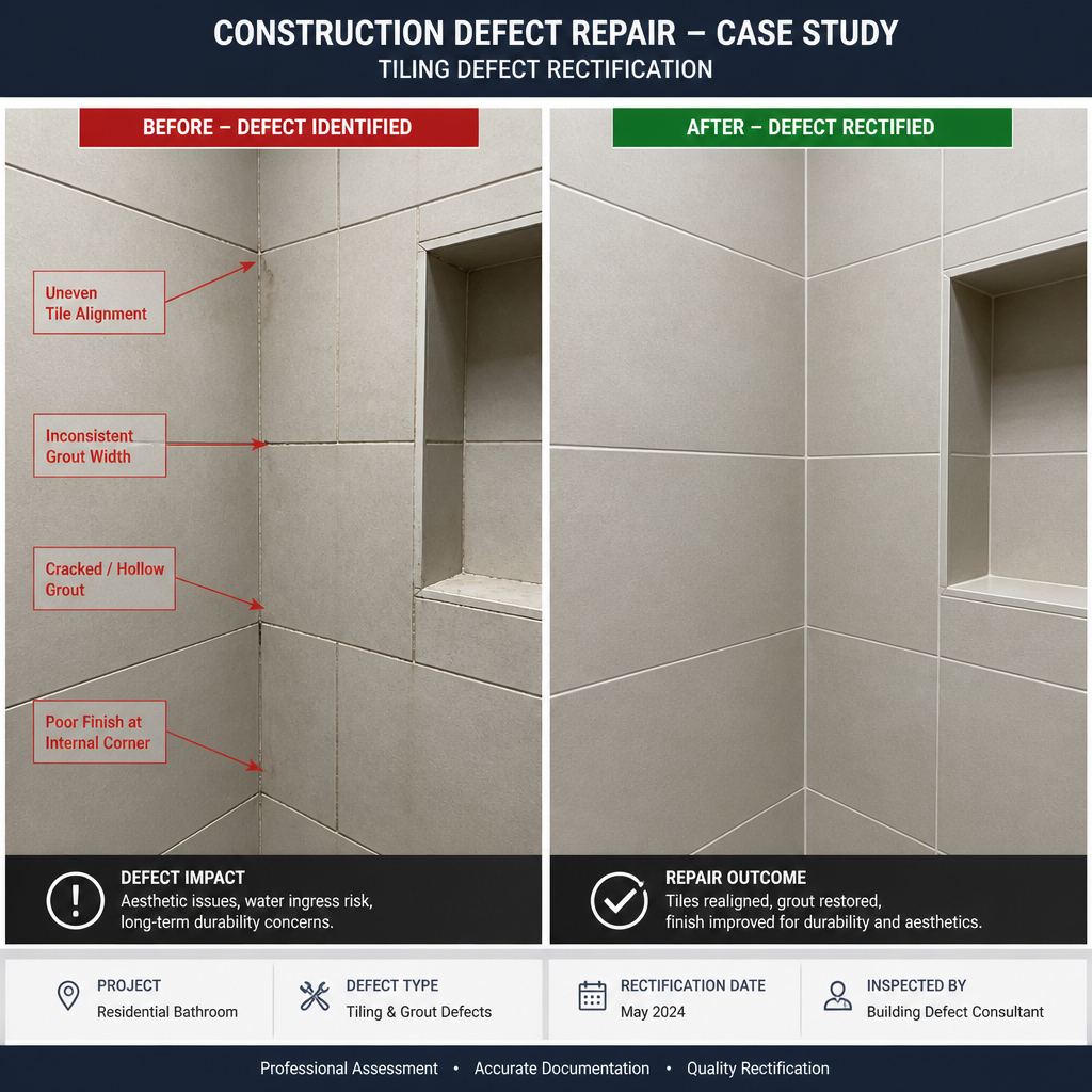Before and after photographs comparing documented building defect with completed rectification