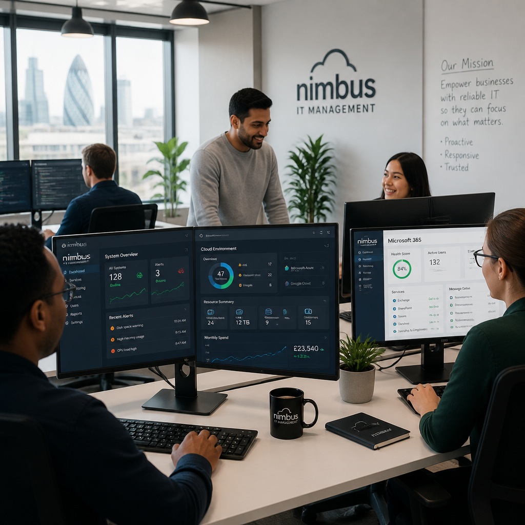 London SME office team working with IT monitoring dashboards across multiple screens