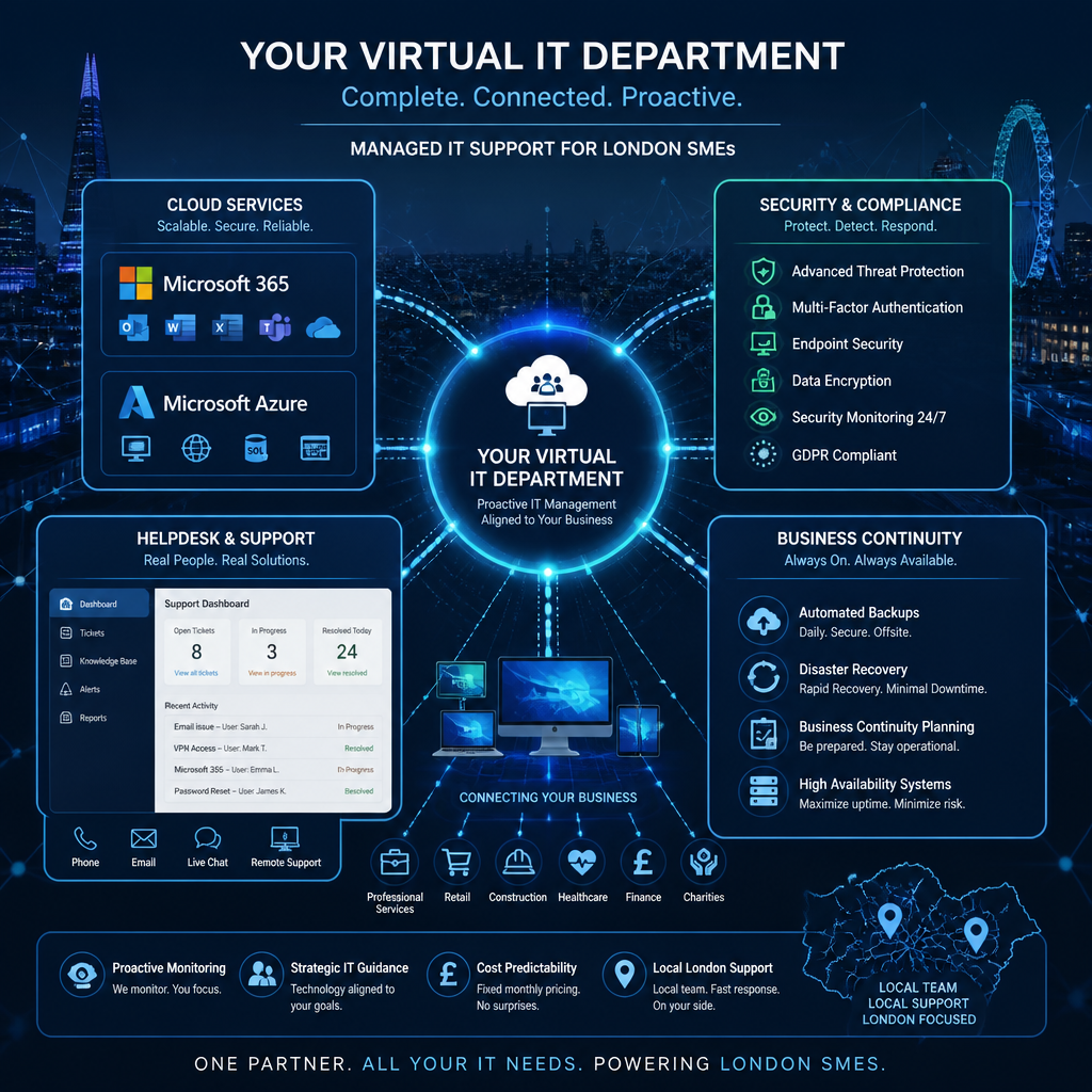 Virtual IT infrastructure diagram depicting cloud, security, helpdesk, and monitoring systems integration