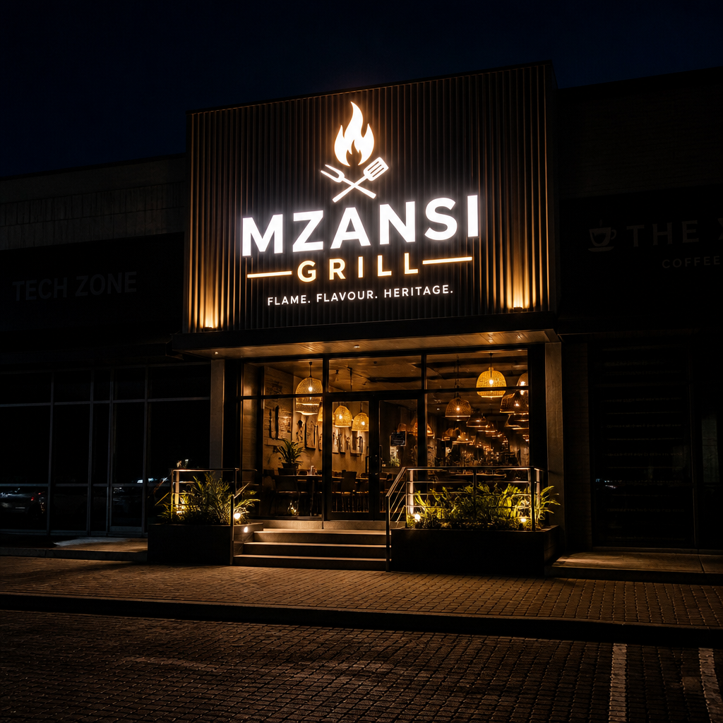 Illuminated LED restaurant signage at night in Gauteng showing bright visibility compared to dark unlit storefronts