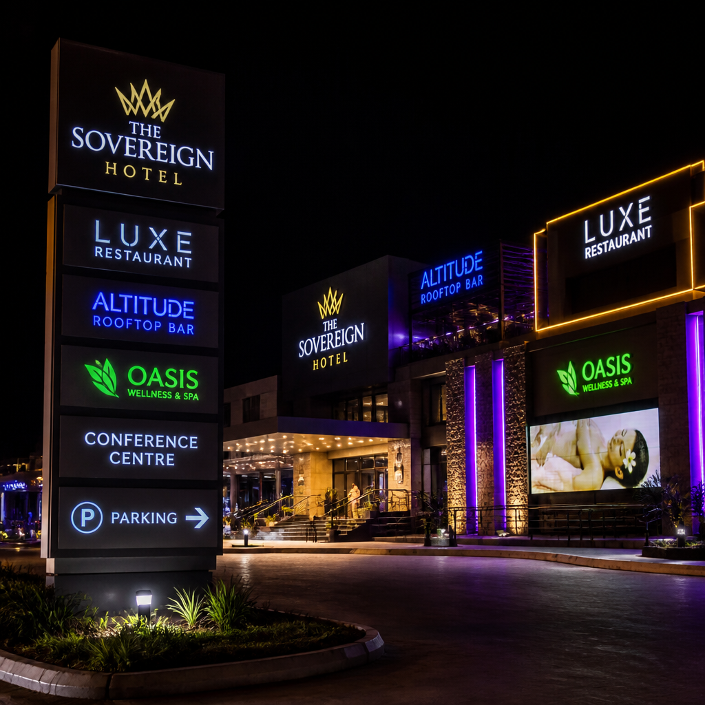Illuminated pylon and backlit signage at a multi-venue hospitality complex at night in Gauteng
