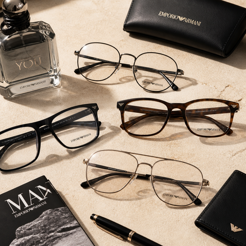 Curated collection of Emporio Armani eyewear styles displayed in modern editorial layout