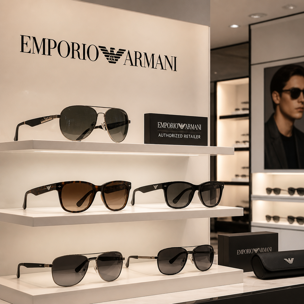 Premium Emporio Armani sunglasses displayed in upscale eyewear retail boutique environment