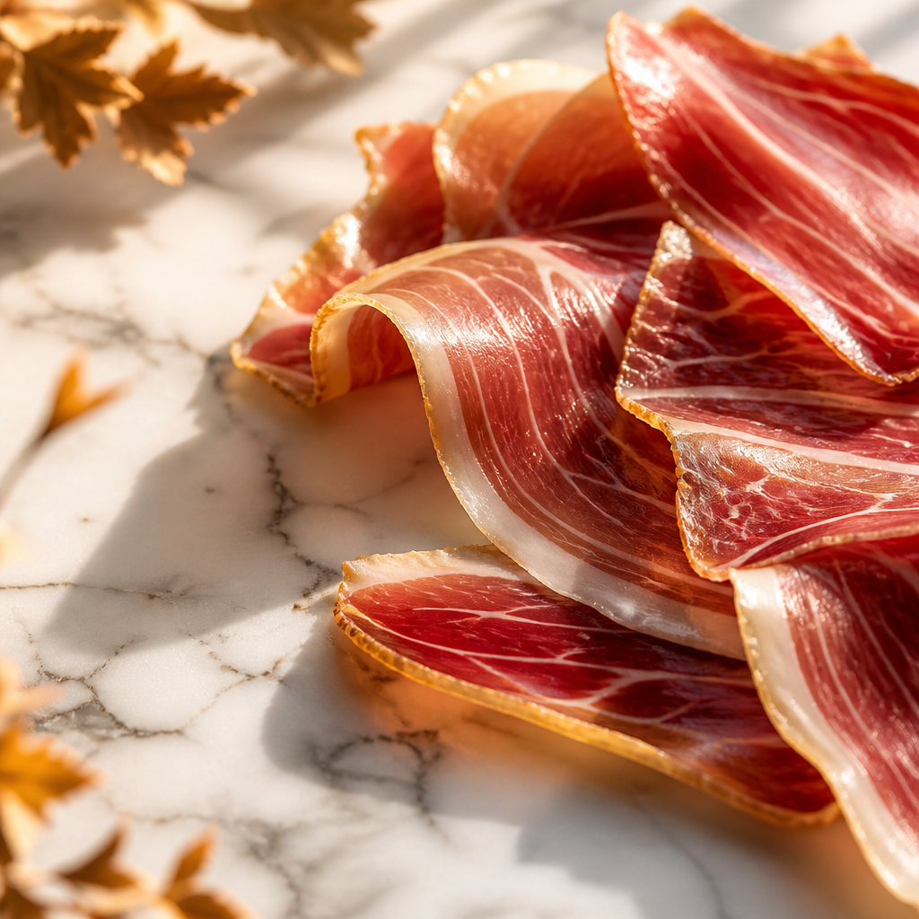 Detalle de jamón ibérico ibellota cortado en lonchas finas sobre mármol blanco con luz otoñal