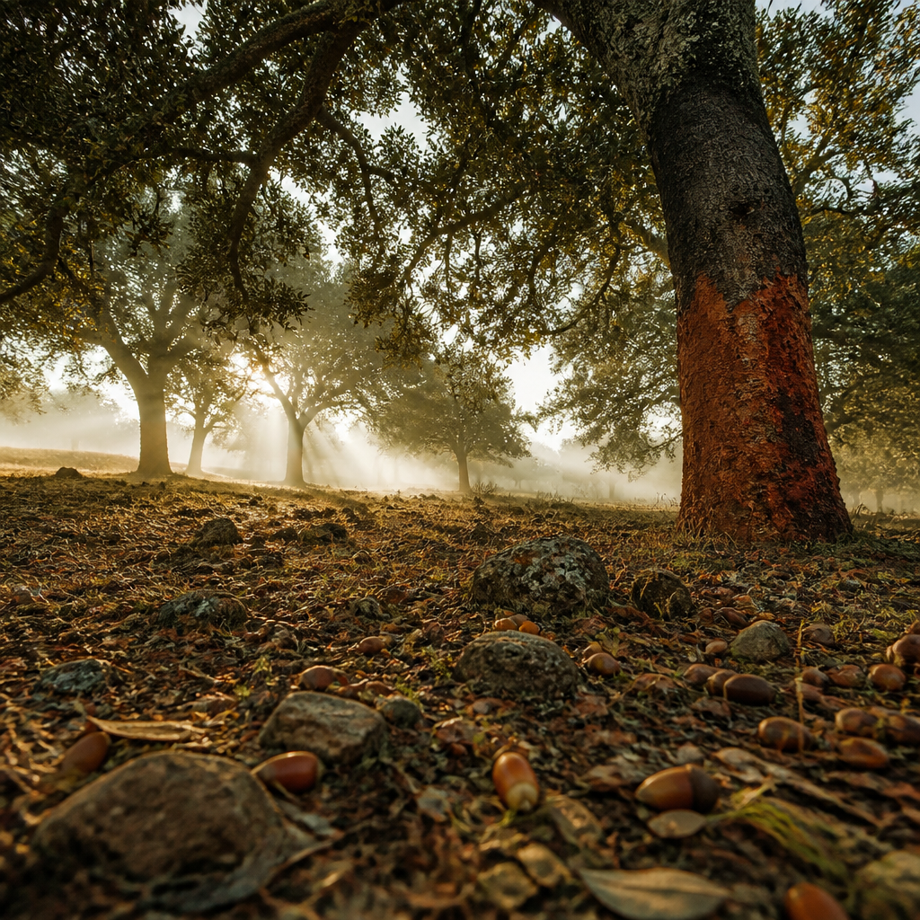 Paisaje otoñal de la dehesa española con bellotas y robles, hábitat natural del jamón ibérico