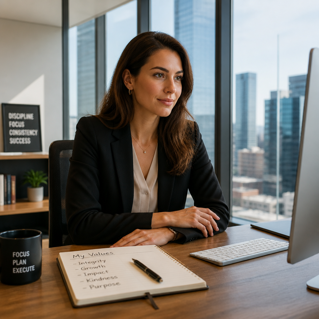 Professional with genuine expression at modern corporate desk, representing authentic workplace identity