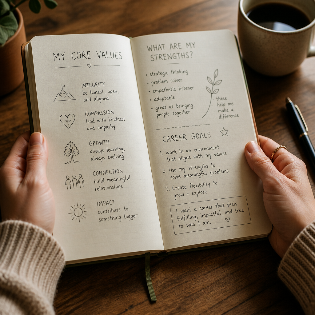 Hands holding journal with handwritten personal values and career goals, representing self-discovery