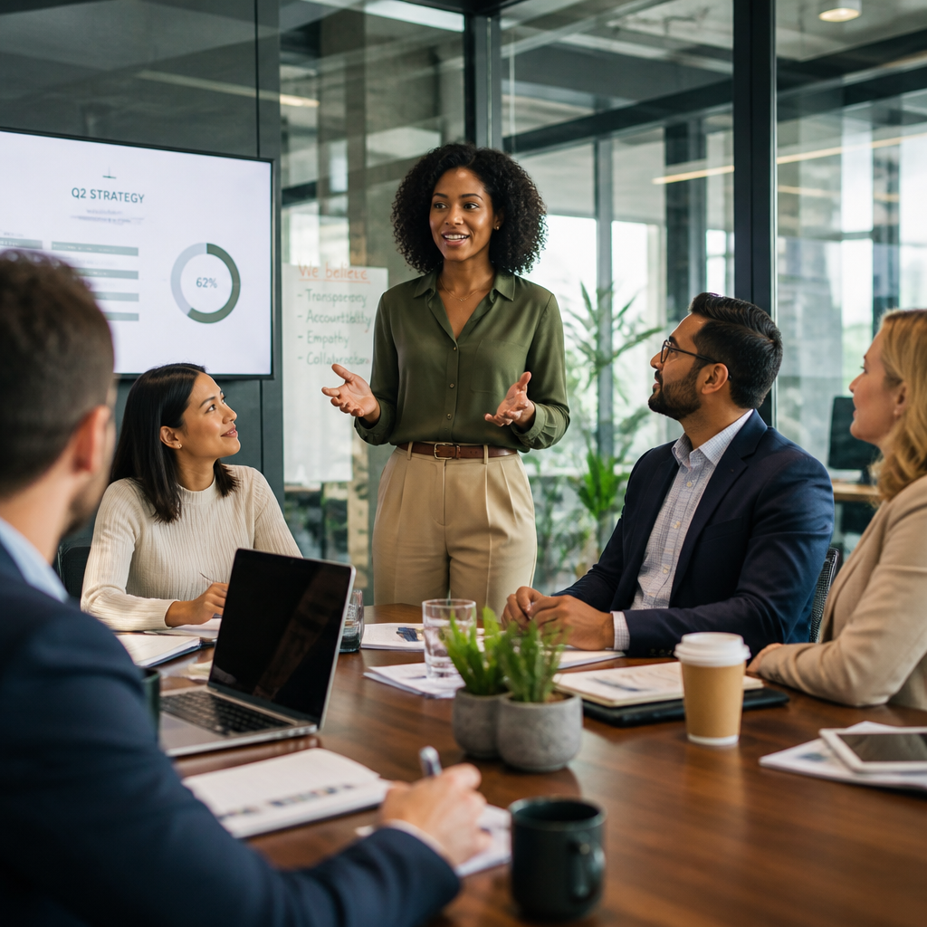 Diverse professionals in conference room communicating authentically, representing workplace empowerment