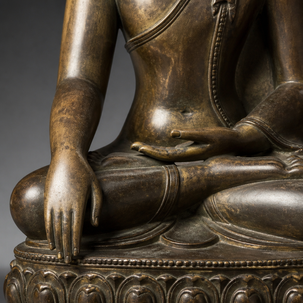 Close-up of Buddha statue hands in Bhumisparsha mudra, right hand touching downward