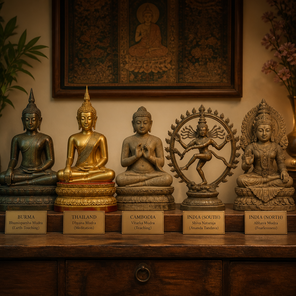Collection of Buddha and deity statues displaying varied mudras and regional Asian styles