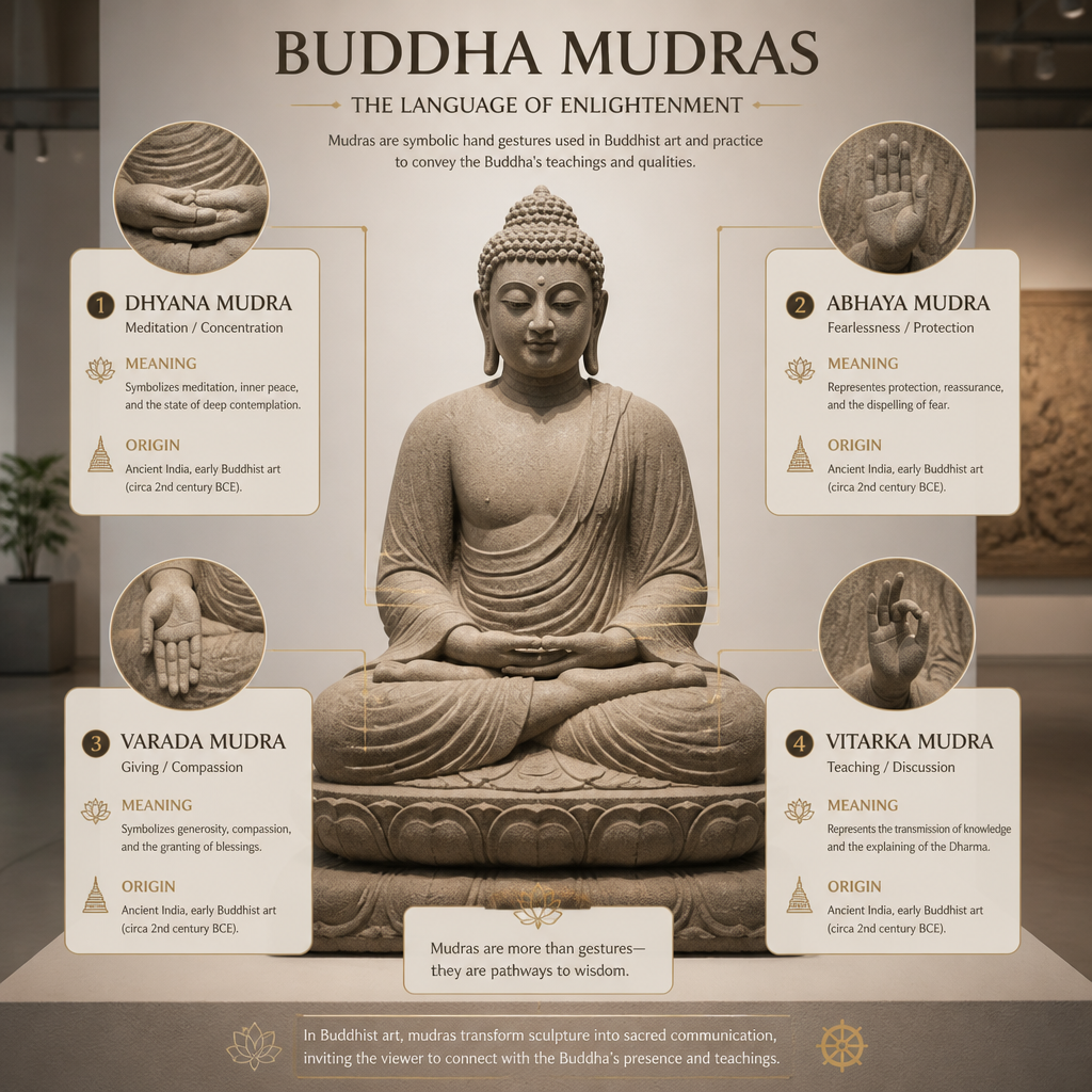 Buddha statue with illustrated guide to four different hand mudra positions and meanings