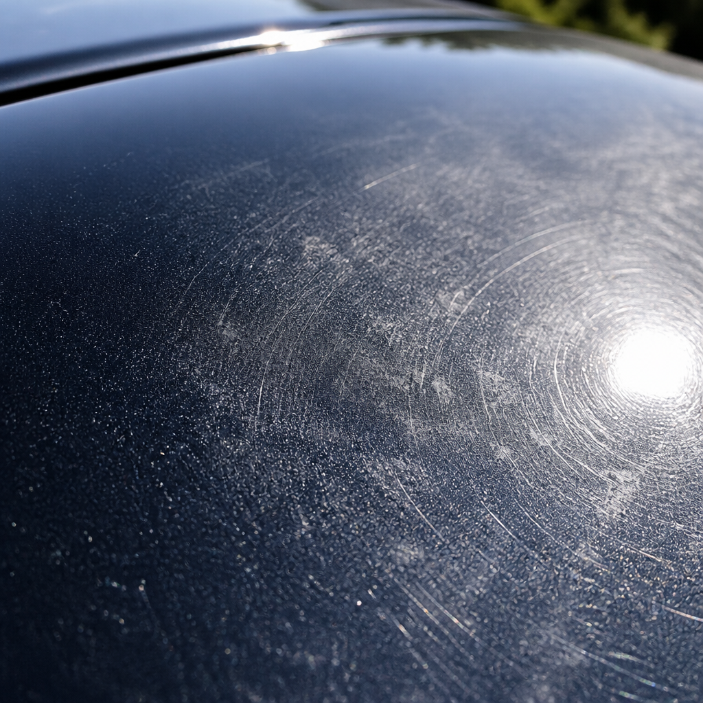 Close-up view of UV-damaged clear coat on luxury car showing oxidation and swirl marks from summer heat exposure