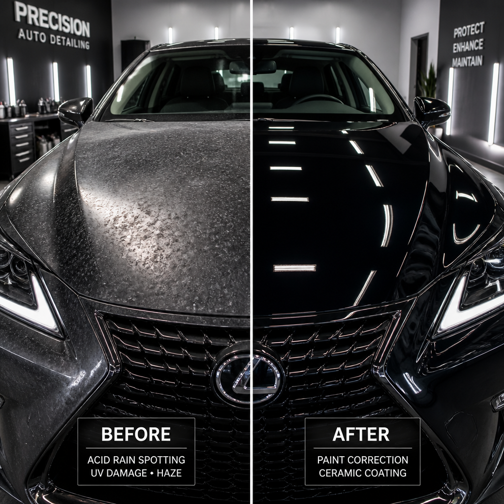 Before-and-after comparison of paint correction on a luxury vehicle hood, showing restoration from UV-damaged matte finish to glossy ceramic-coated surface