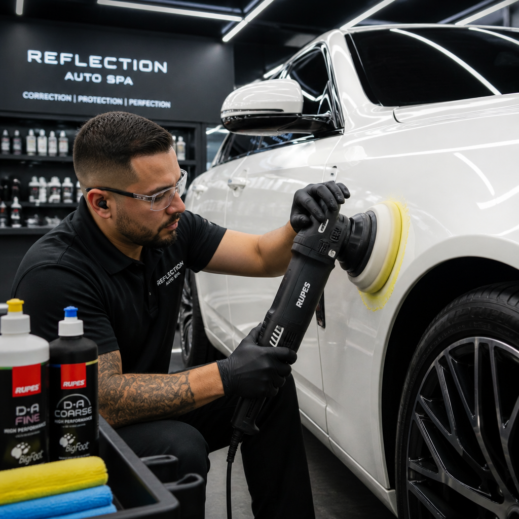 Professional automotive detailer performing machine polishing paint correction on a luxury vehicle using multi-stage process