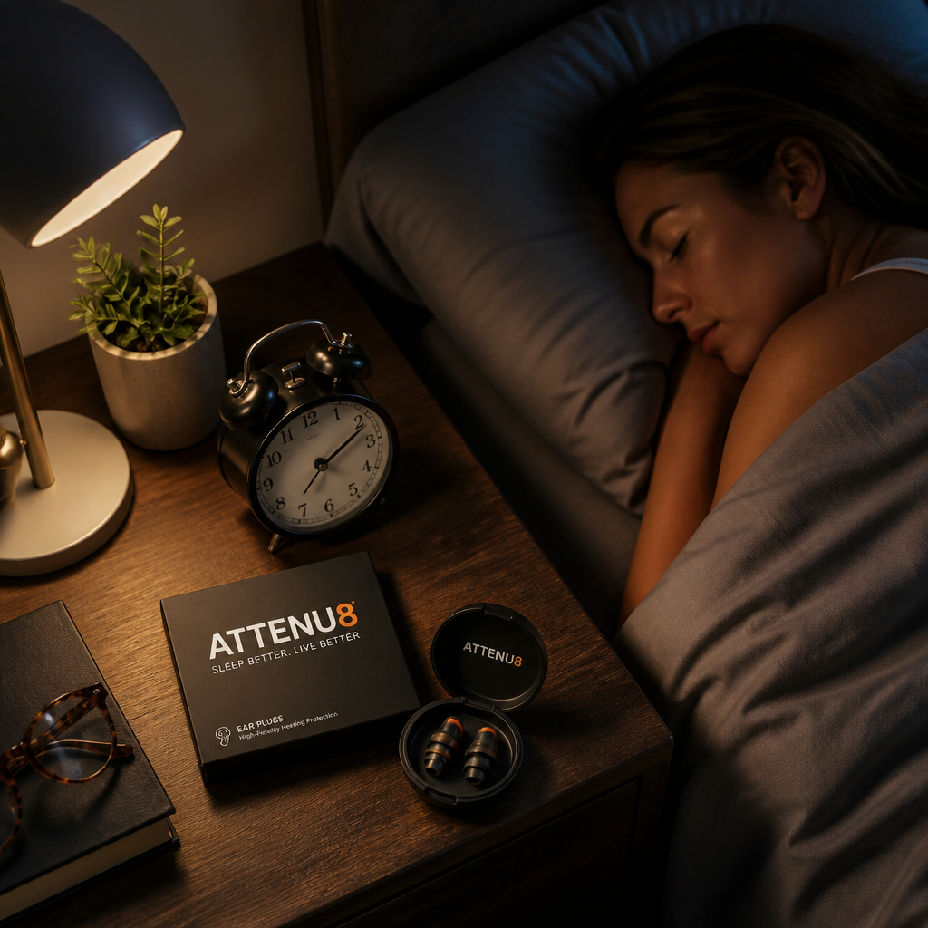 ATTENU8 ear plugs on a bedside table in a bedroom setting with soft lighting